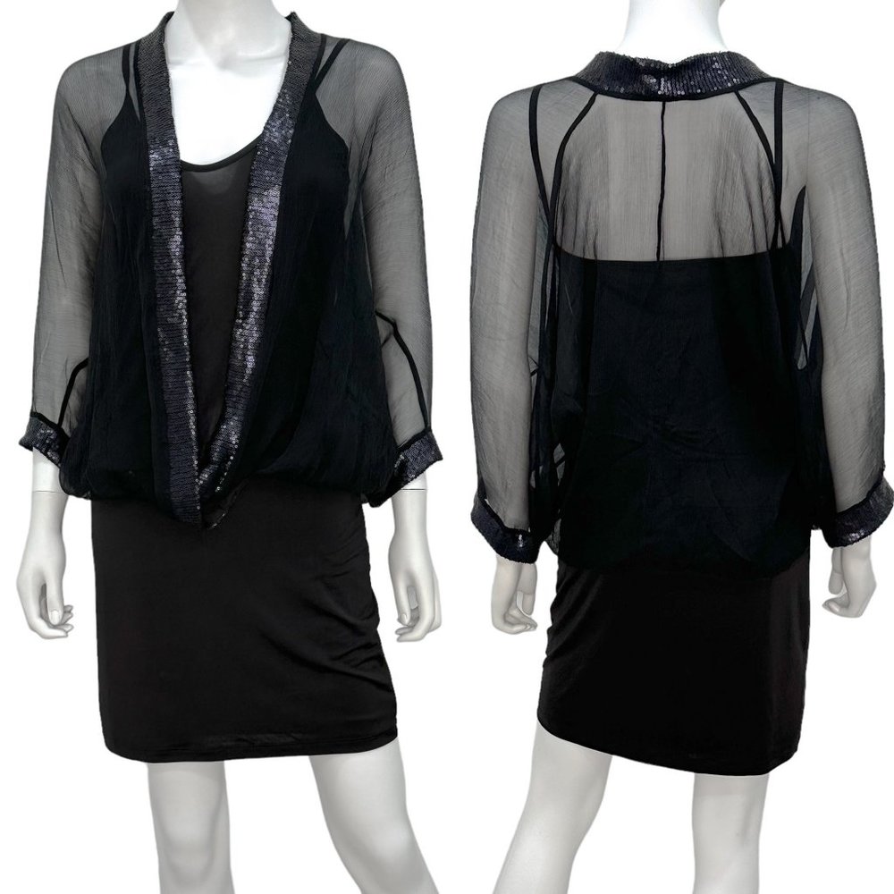 Analili Blouson Silk Overlay Top Sequin Fitted Slip Mini Dress in Black Size S